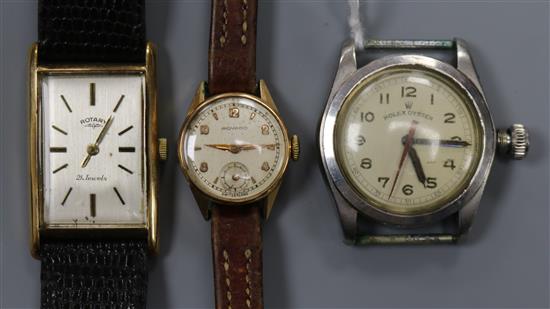 A boys size steel Rolex Oyster wrist watch, numbered 143209 2280, a 9ct gold Rotary watch and a ladys 18ct Movado watch.